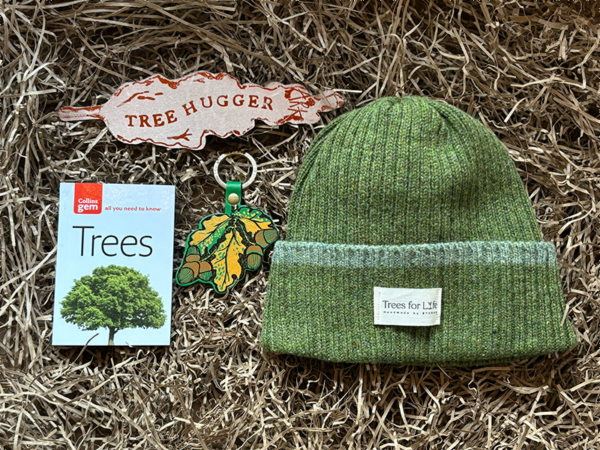 Nature lover gift set. Scots pine lambs wool hat, tree ID book, tree hugger leather book mark and acorn keyring